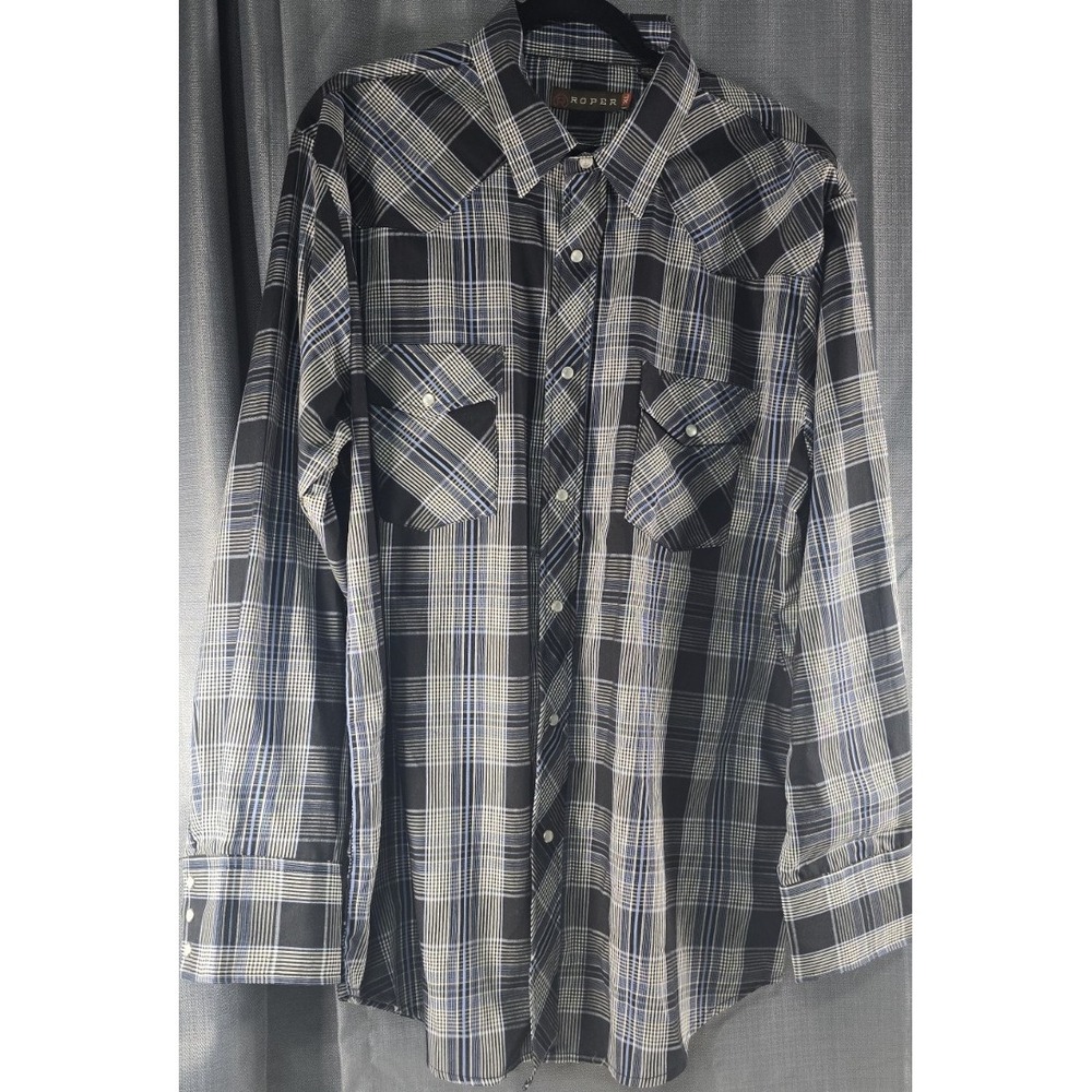 Roper Men's XL Black Blue White Plaid Long Sleeve Button-Up Shirt Pockets